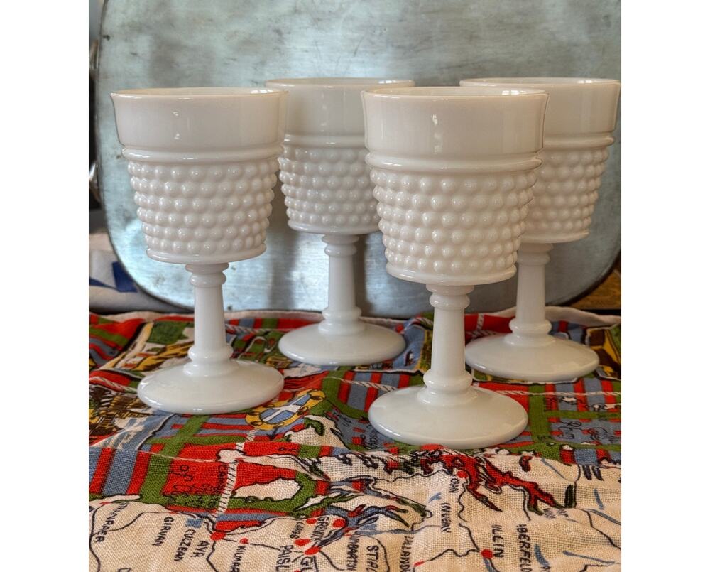 Vintage White Milk Glass Hobnail Goblets (4) Pedestal Water Wine Glasses MCM 6"